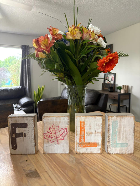 Rustic Wooden FALL Block Set with Autumn Leaf Accent