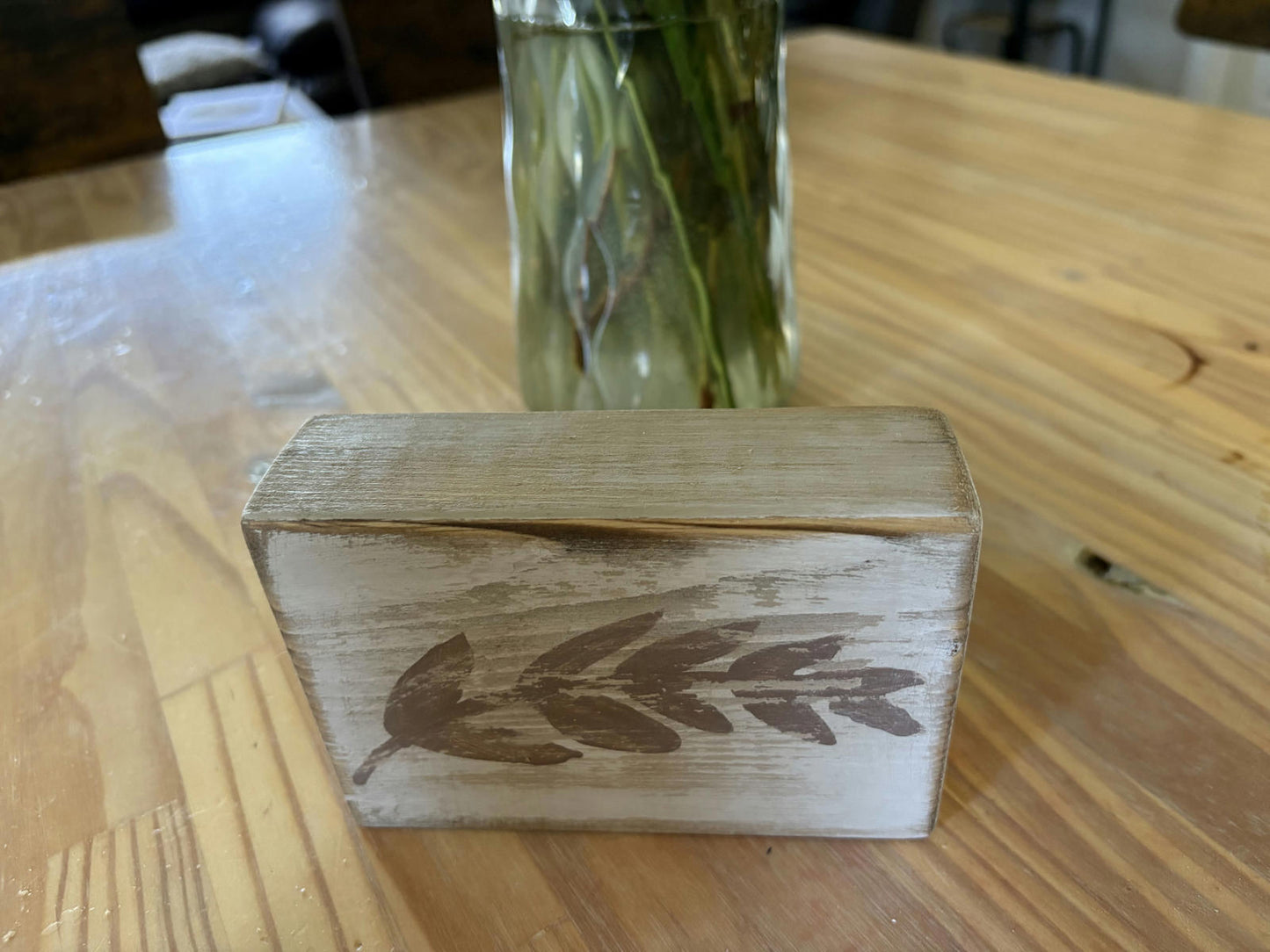 Handcrafted Wooden Decorative Block with Leaf Design