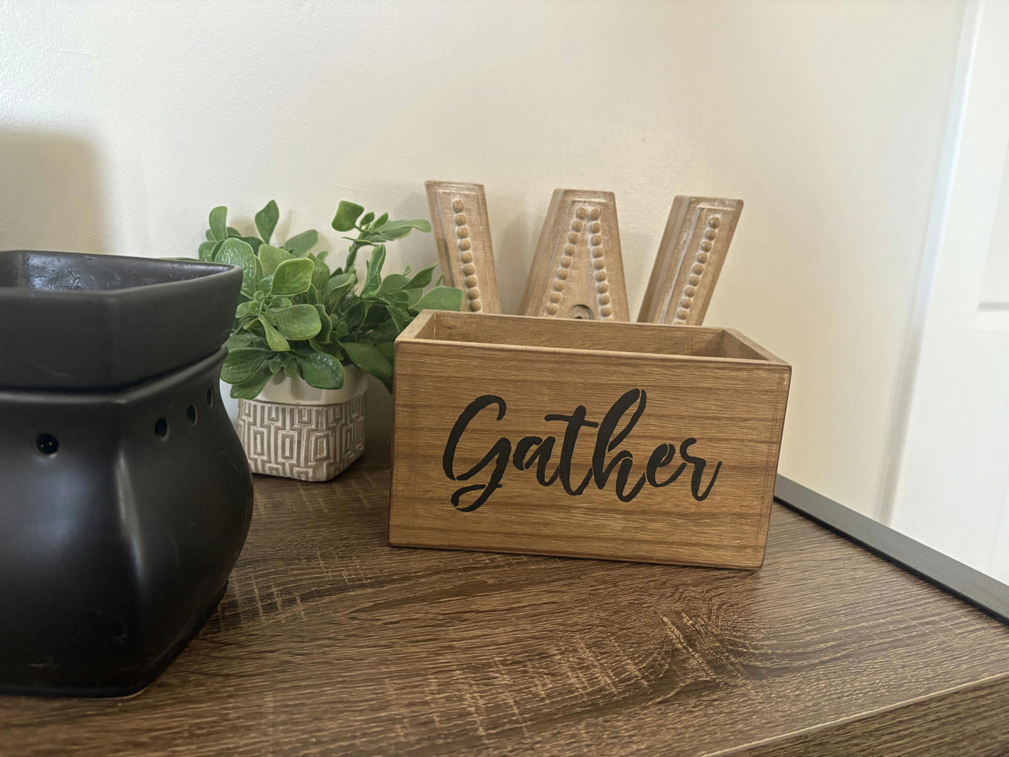 Handcrafted Wooden Remote Control Organizer Box with Gather Script