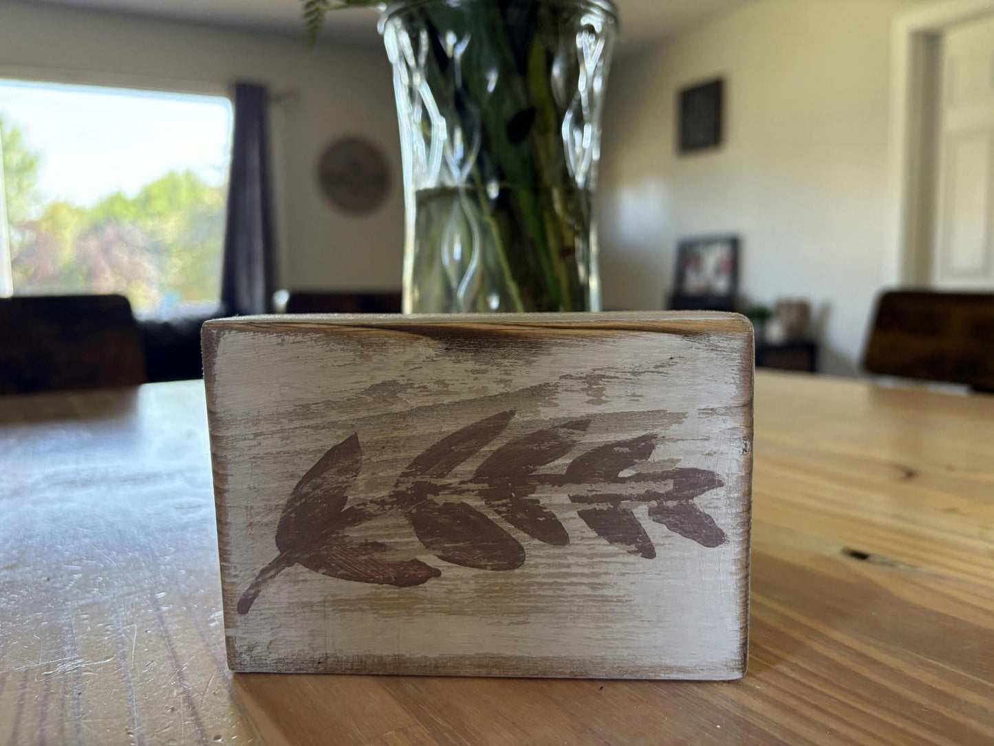 Handcrafted Wooden Decorative Block with Leaf Design