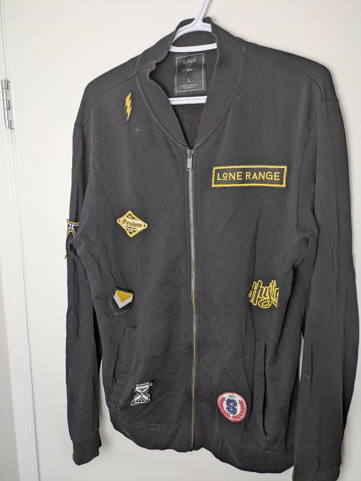 Splash Black Zip-Up Jacket with Patches, Size Large