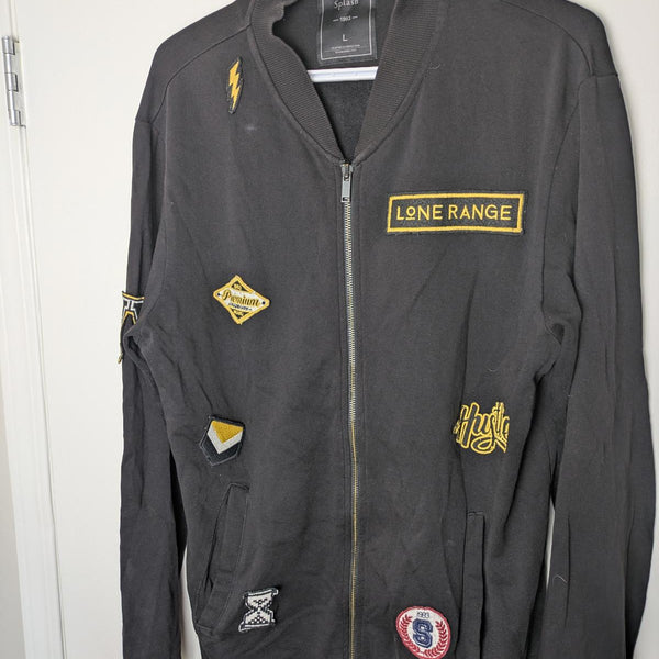 Splash Black Zip-Up Jacket with Patches, Size Large
