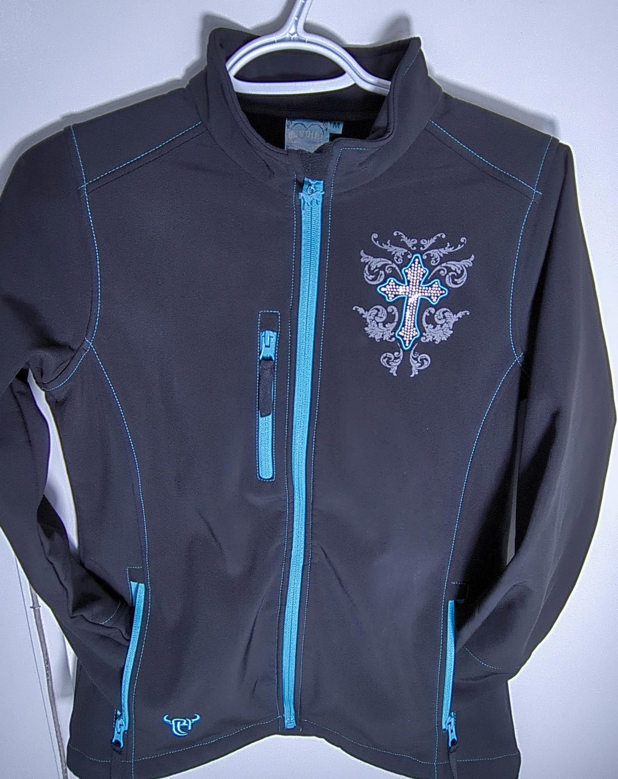 Cowgirl Hardware Women's Black Utility Jacket with Embellished Cross Design