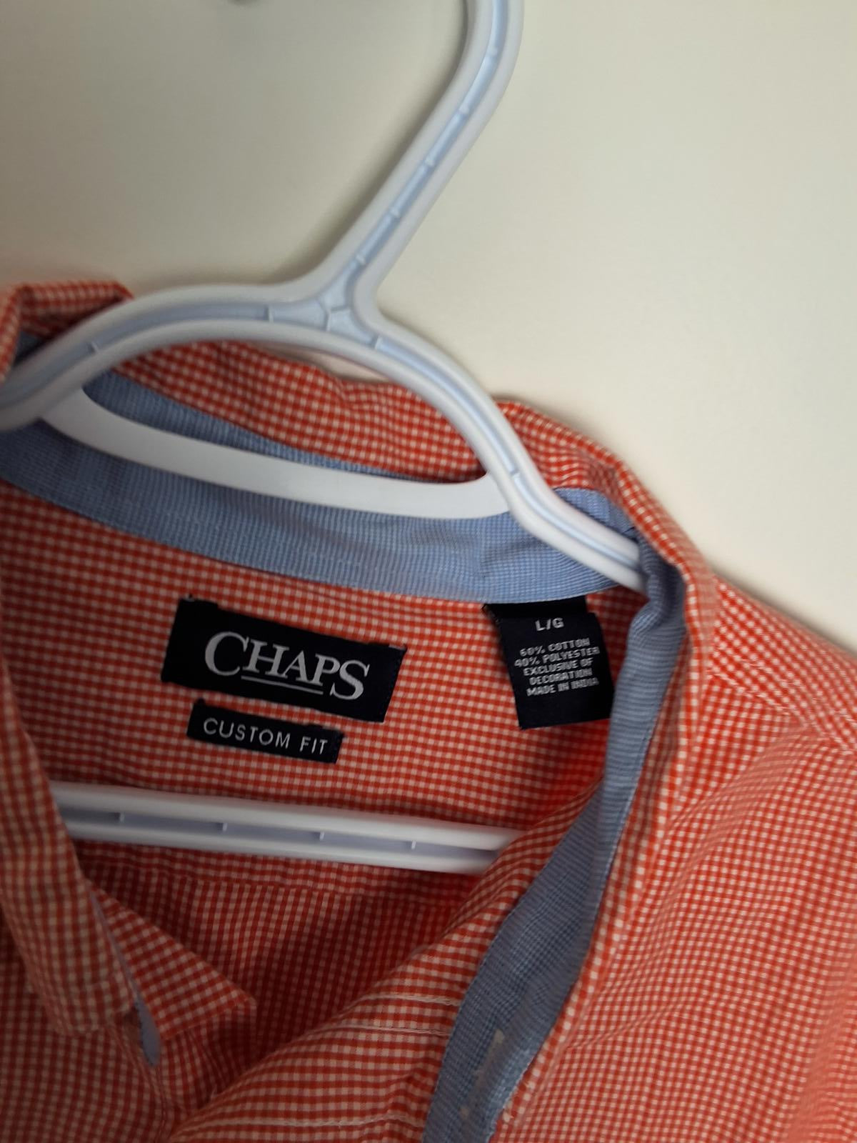 Men's L Chaps Long sleeve Button up, Custom Fit Checkered - Peach, White