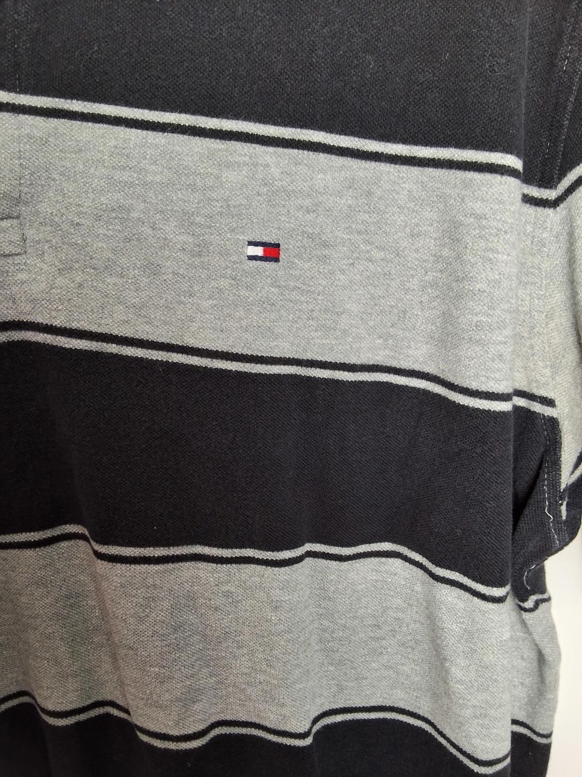 Men's L Tommy Hilfiger Short Sleeve Collared Knit (Polo) Black and Grey Striped