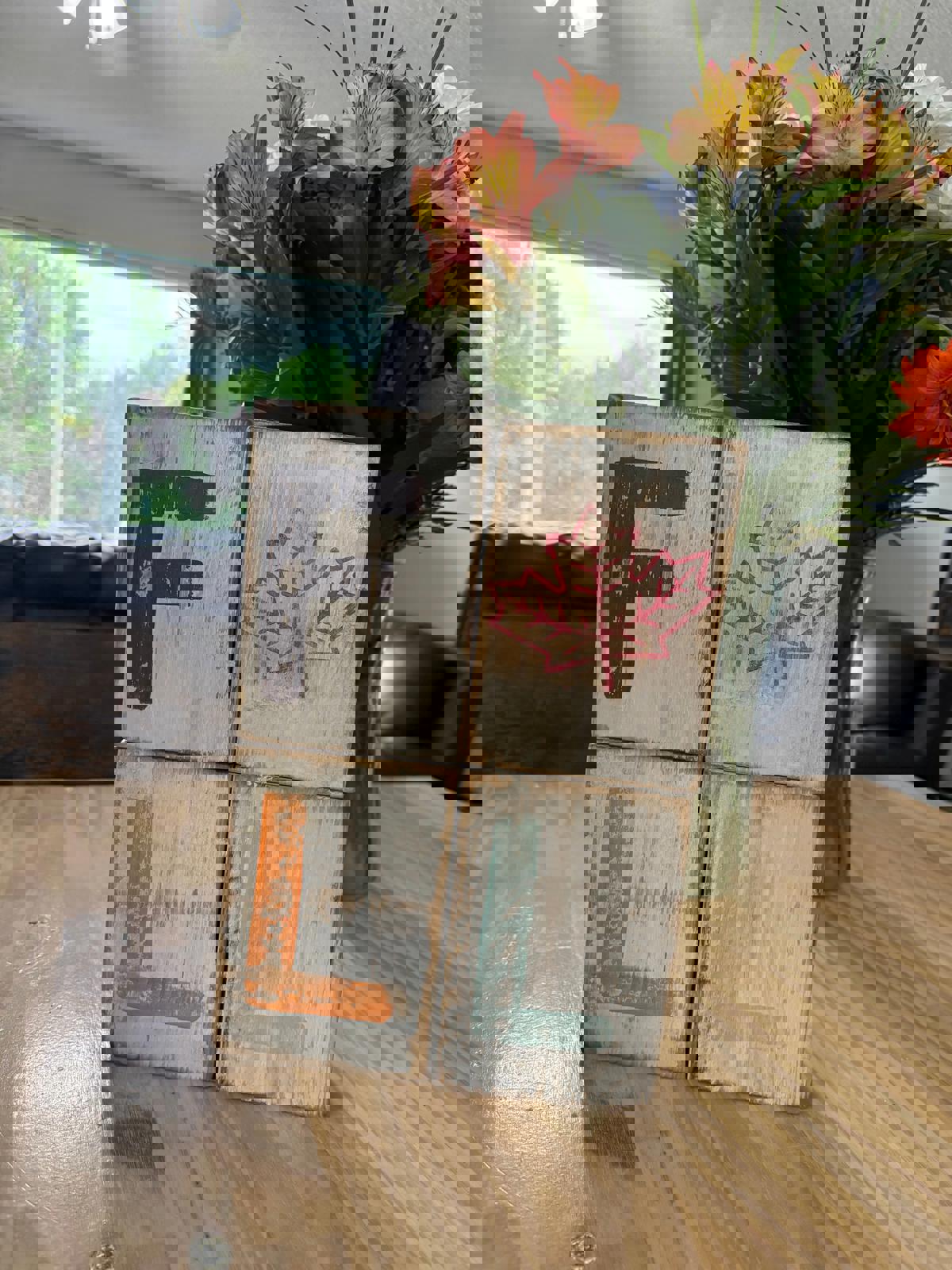 Rustic Wooden FALL Block Set with Autumn Leaf Accent