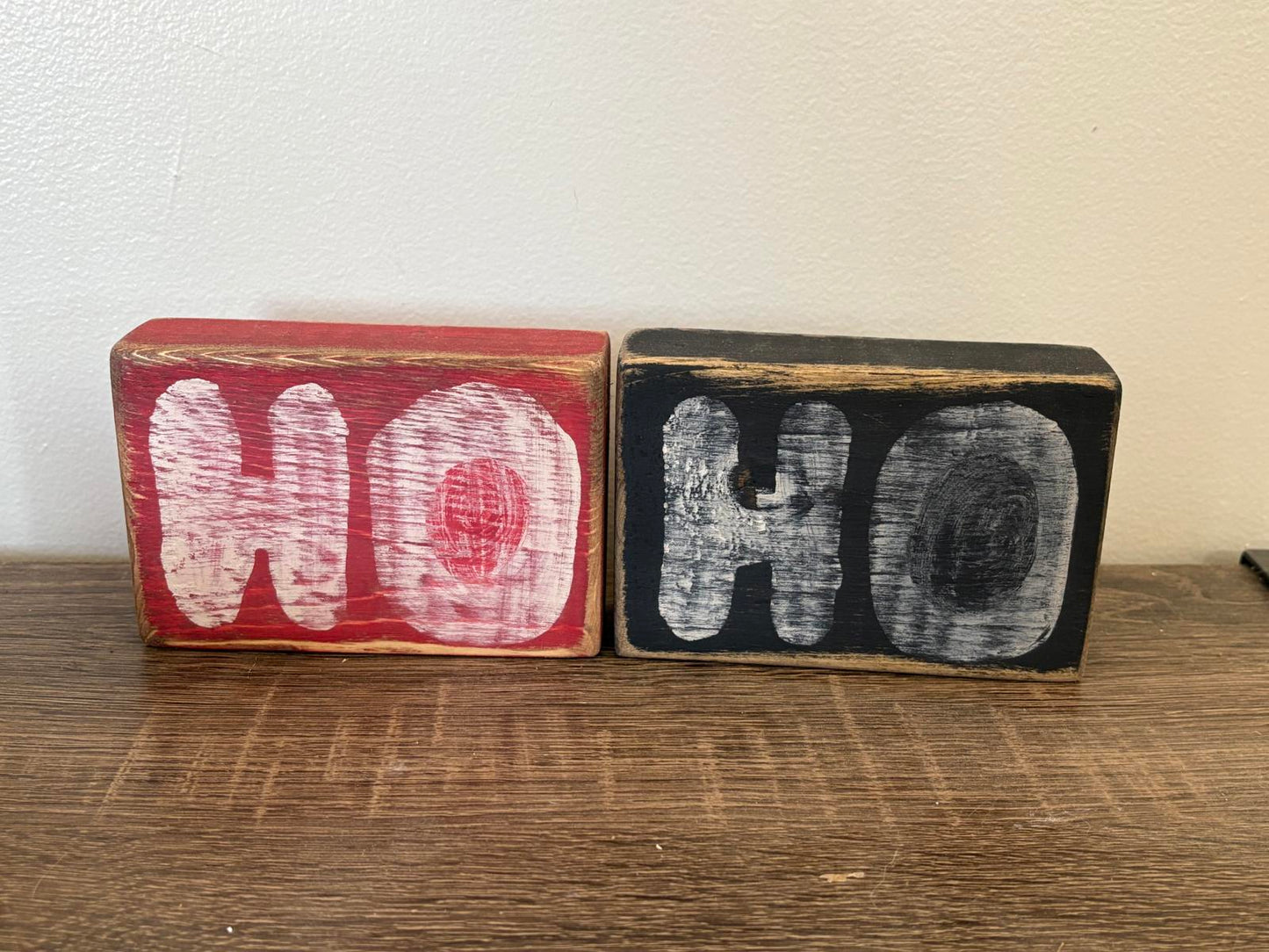 Set of 2 Wooden Holiday Blocks with 'HO HO' Design