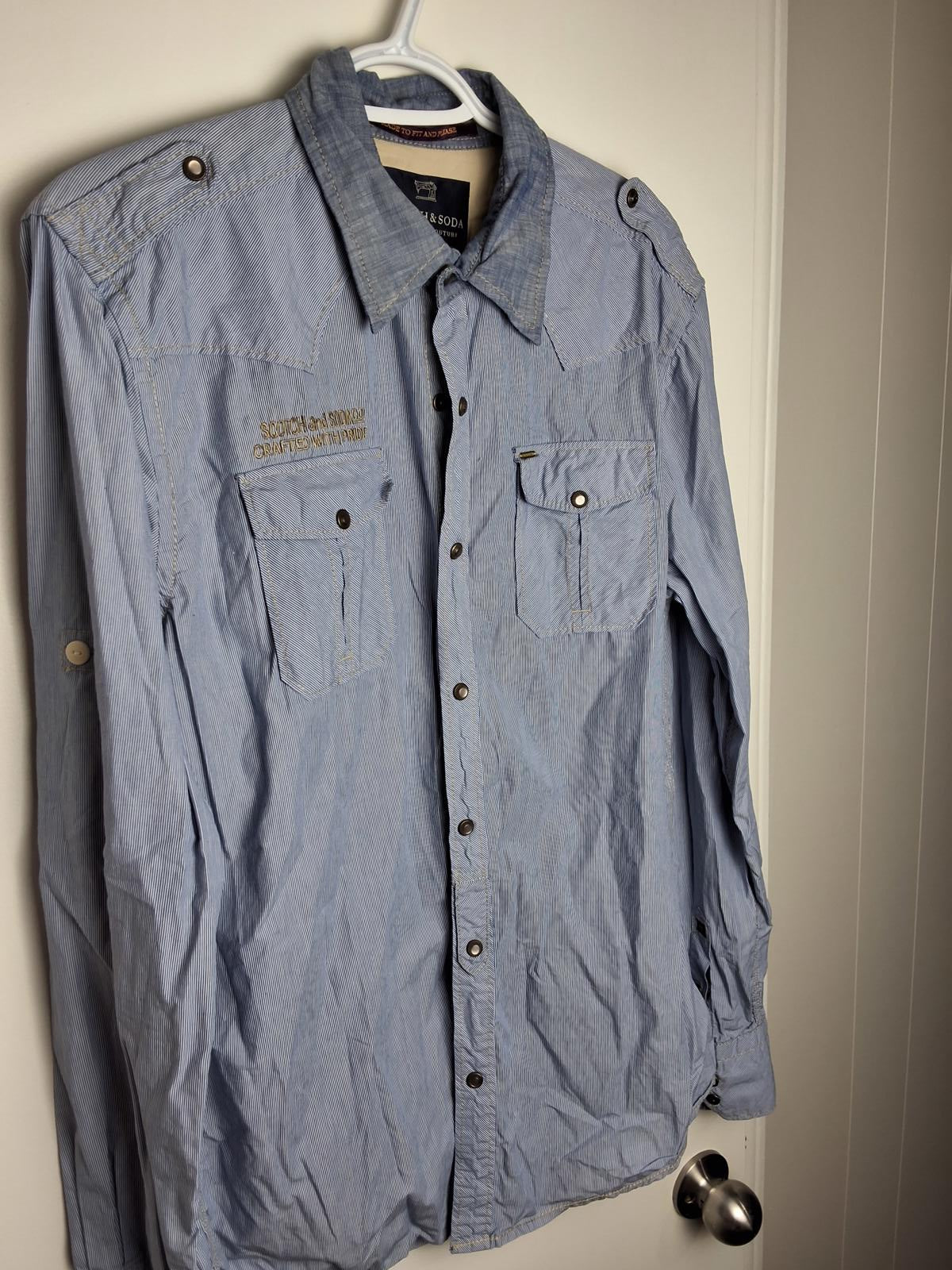 Men's L Scotch and Soda Snap-Button Dress Shirt Blue and White Vertical Stripes