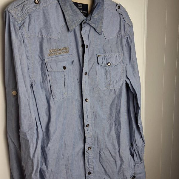 Men's L Scotch and Soda Snap-Button Dress Shirt Blue and White Vertical Stripes