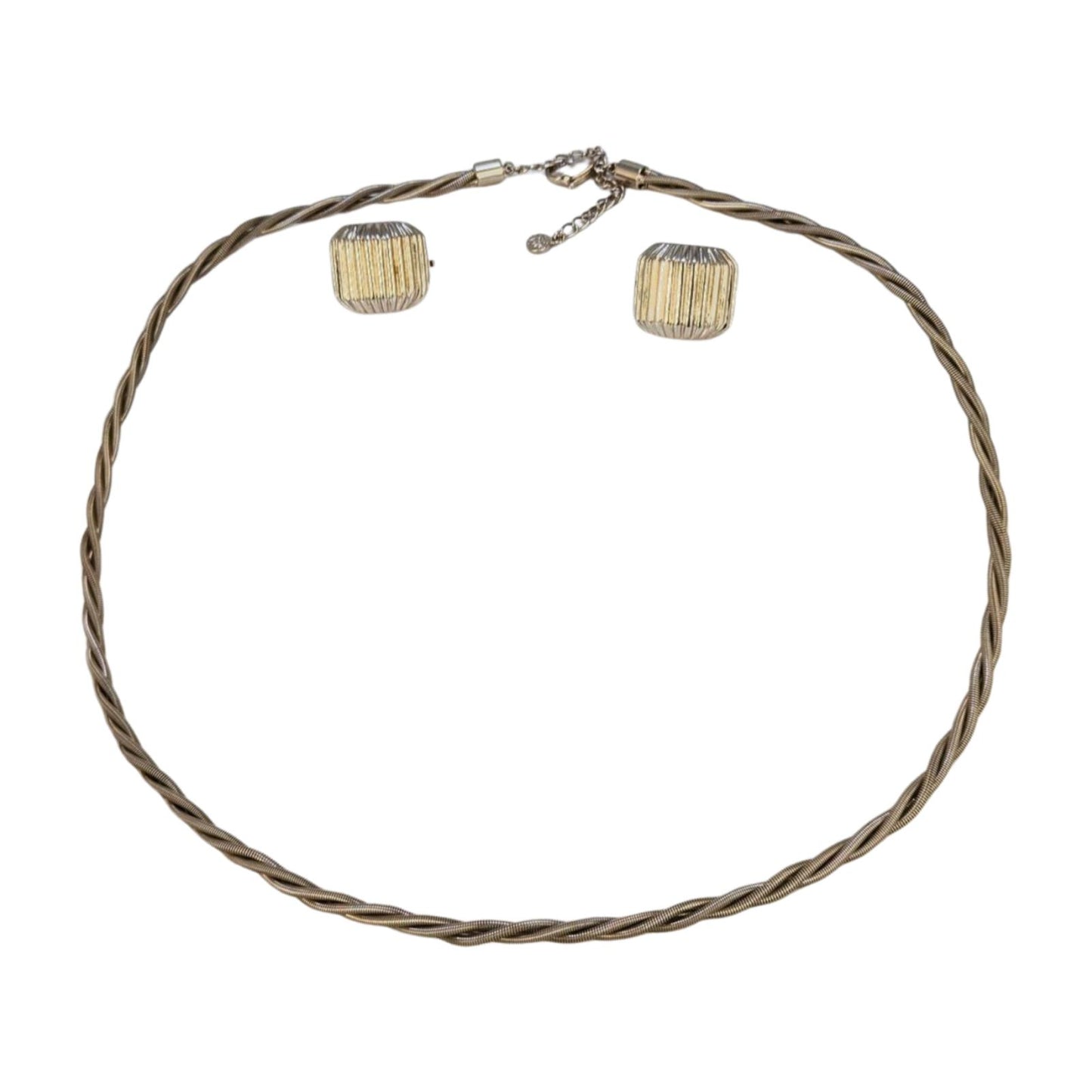 Vintage Two-Tone Ribbed Clip-On Earrings and Twisted Chain Set - Fifth Avenue