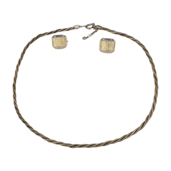 Vintage Two-Tone Ribbed Clip-On Earrings and Twisted Chain Set - Fifth Avenue