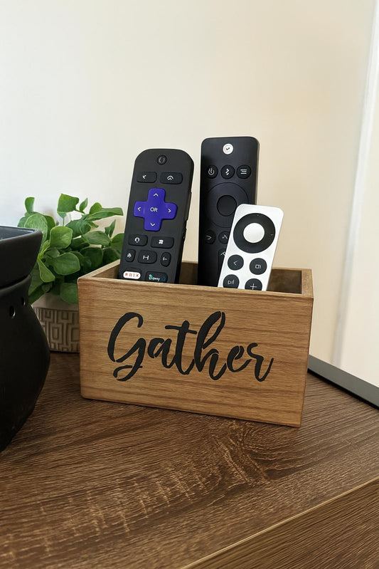 Handcrafted Wooden Remote Control Organizer Box with Gather Script