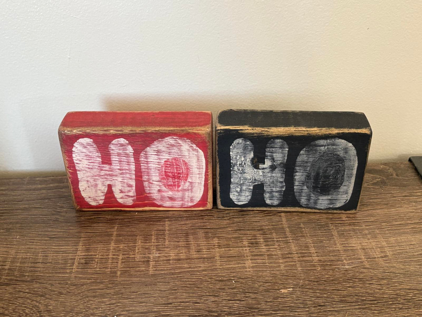 Set of 2 Wooden Holiday Blocks with 'HO HO' Design