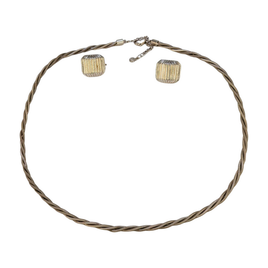 Vintage Fifth Avenue Collection Twisted Cable Necklace & Clip-On Earrings Set – Silver-Toned Jewelry with Elastic Spring Design, 1980s Style Statement
