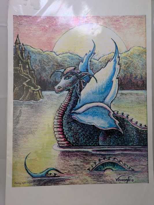 Floating Night Dragon – Fantasy Dragon Artwork by Vicki Visconti – Large Print