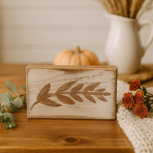 Handcrafted Wooden Decorative Block with Leaf Design