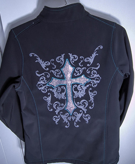Cowgirl Hardware Women's Black Utility Jacket with Embellished Cross Design