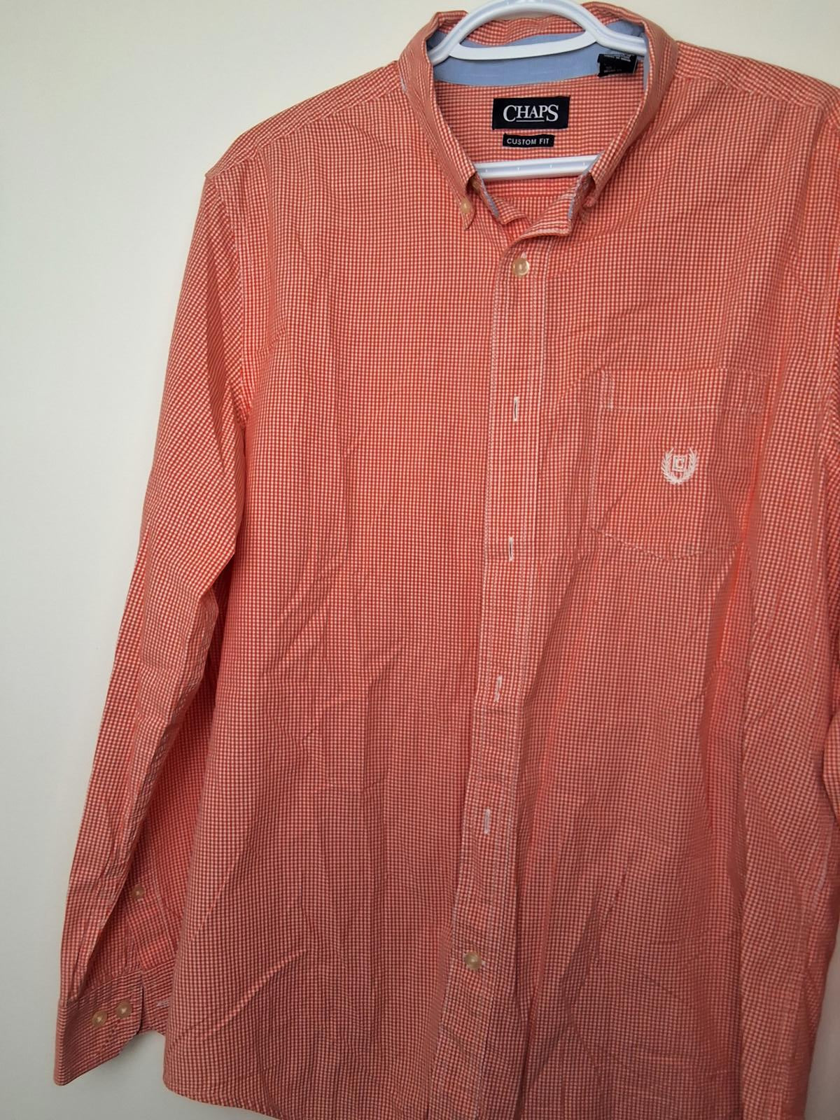 Men's L Chaps Long sleeve Button up, Custom Fit Checkered - Peach, White