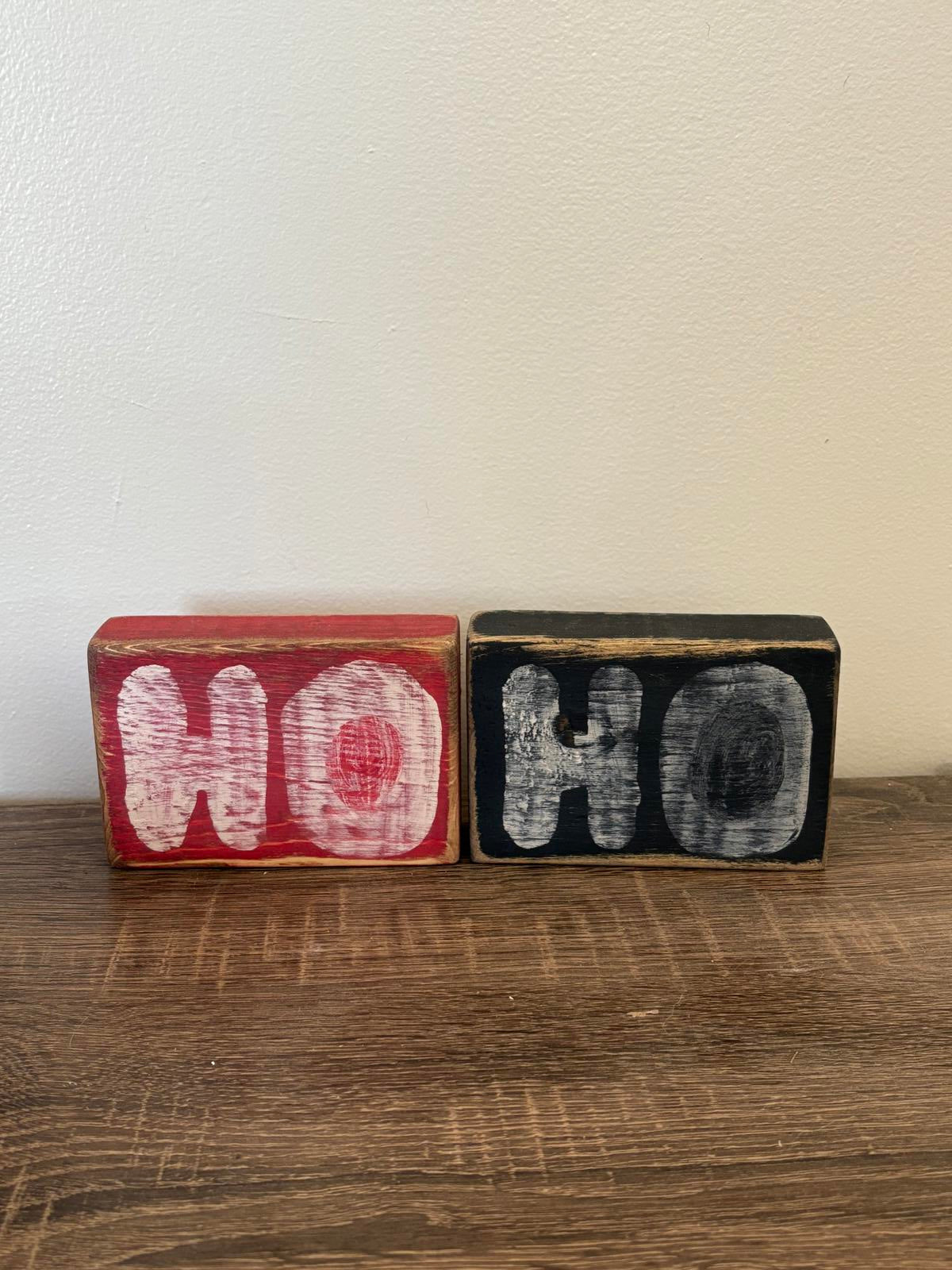 Set of 2 Wooden Holiday Blocks with 'HO HO' Design