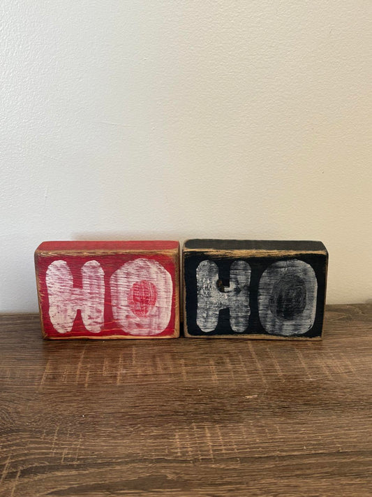 Set of 2 Wooden Holiday Blocks with 'HO HO' Design