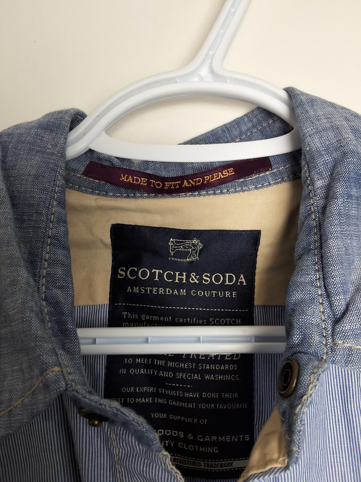 Men's L Scotch and Soda Snap-Button Dress Shirt Blue and White Vertical Stripes