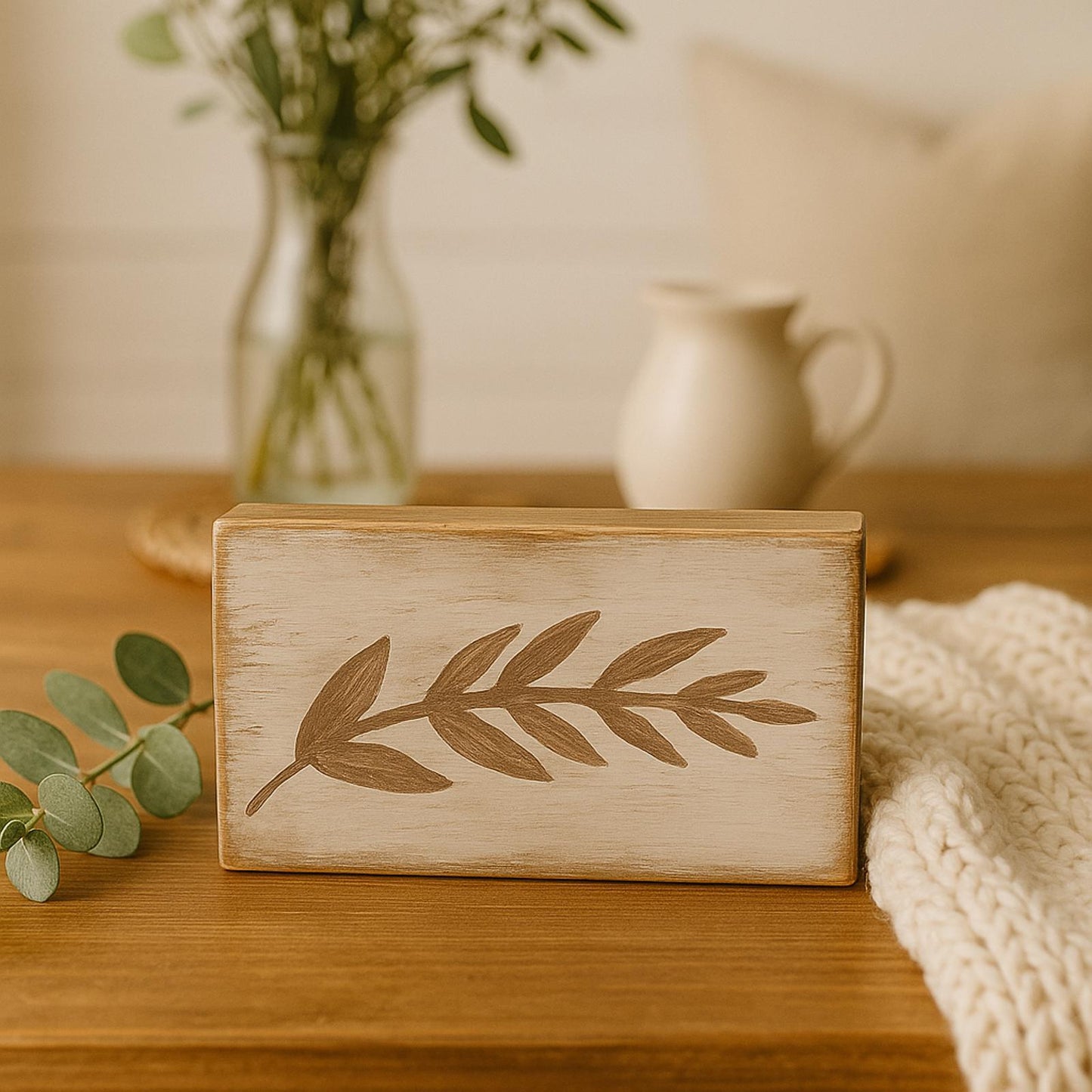 Handcrafted Wooden Decorative Block with Leaf Design