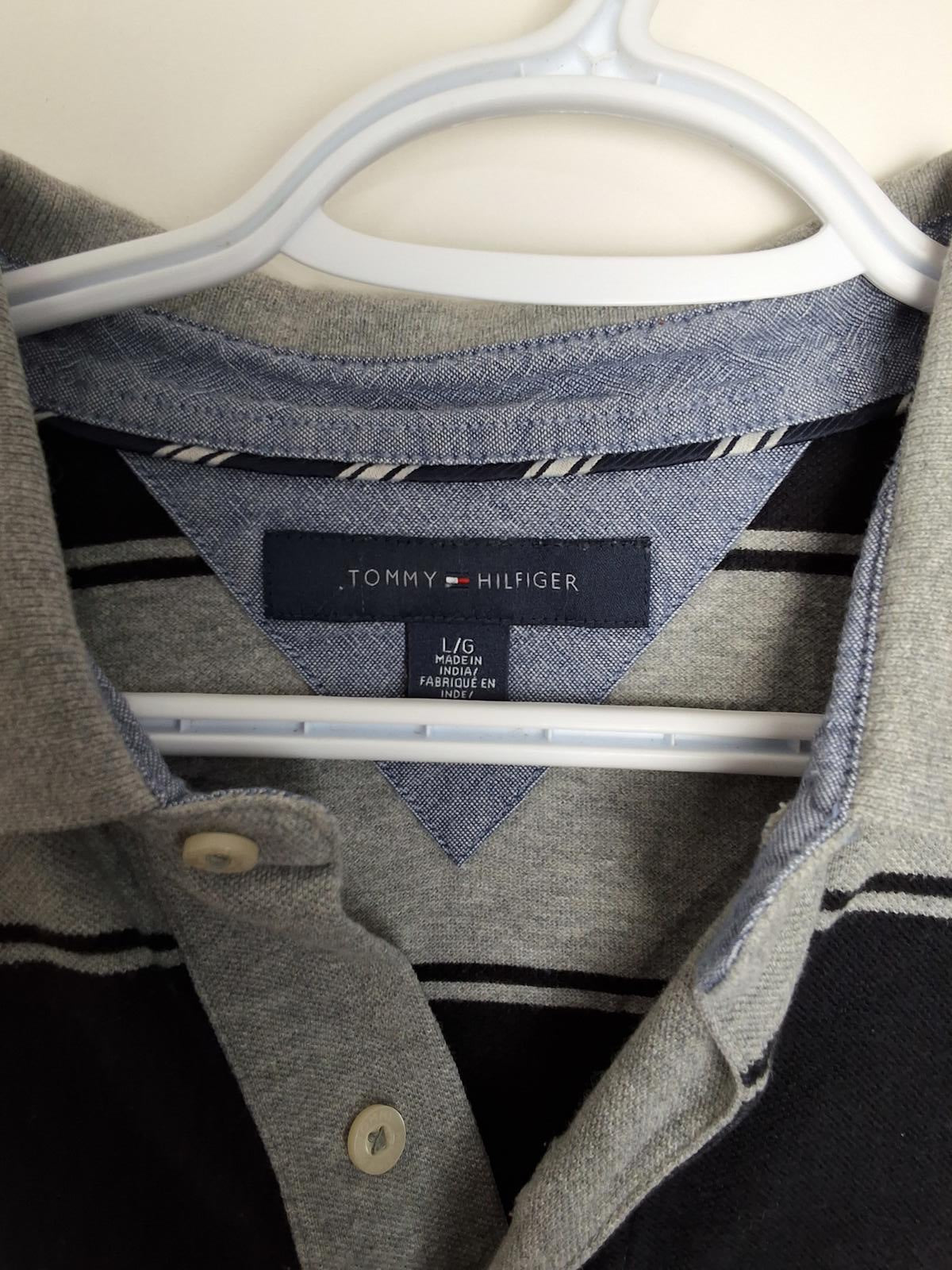 Men's L Tommy Hilfiger Short Sleeve Collared Knit (Polo) Black and Grey Striped