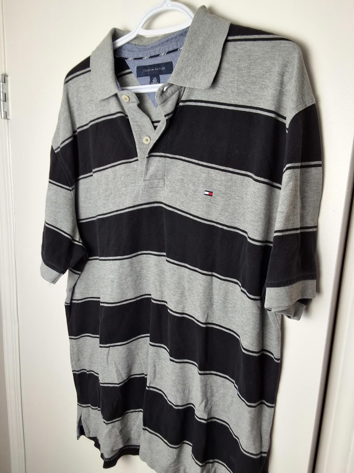 Men's L Tommy Hilfiger Short Sleeve Collared Knit (Polo) Black and Grey Striped