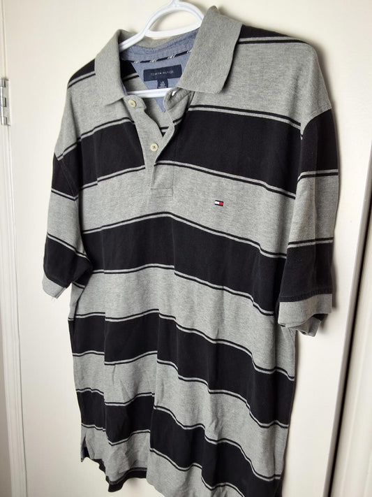 Men's L Tommy Hilfiger Short Sleeve Collared Knit (Polo) Black and Grey Striped