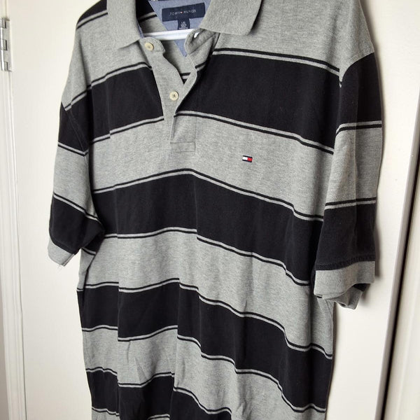 Men's L Tommy Hilfiger Short Sleeve Collared Knit (Polo) Black and Grey Striped
