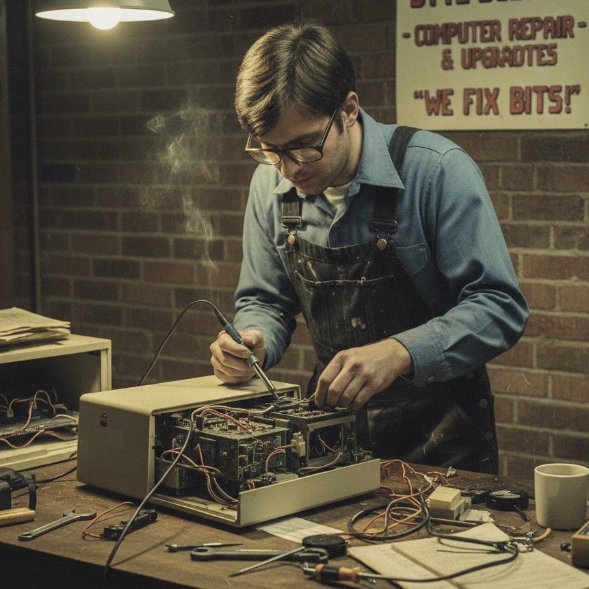 Technician repairing a desktop computer at a workbench in Lethbridge, Alberta