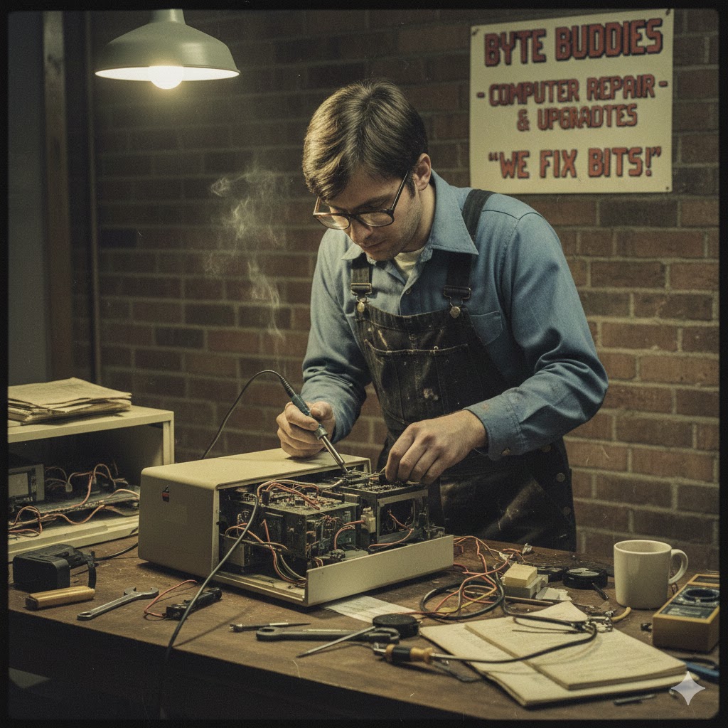 A man doing electronics repair on a workbench in Lethbridge Alberta