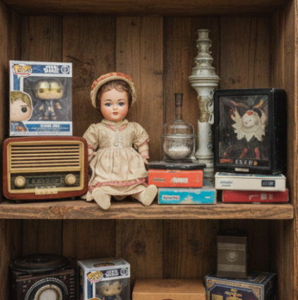 Funko pops collectibles, as well as a doll and some vintage knick knacks on antique shelves
