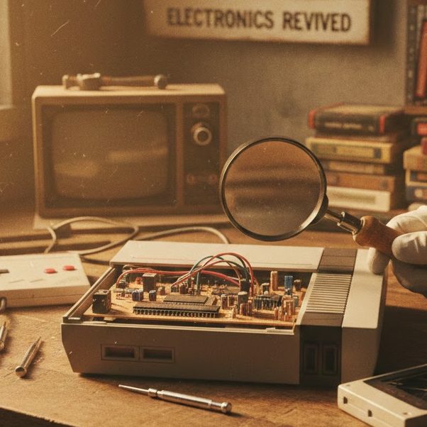 Vintage electronics repair workbench with open audio equipment being restored in Southern Alberta