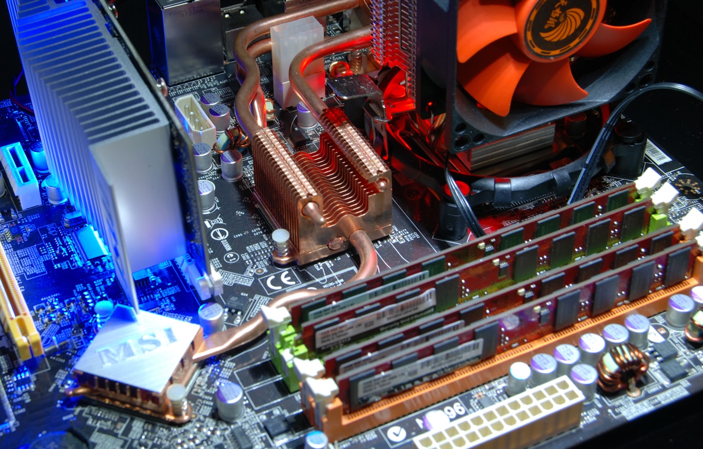 Close-up of a high-performance PC motherboard and RAM used in professional laptop repair Lethbridge services at Second Wind Sales.