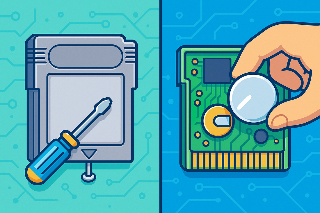 A cartoon image illustrating how to replace a game boy game battery